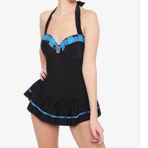 Harry Potter Ravenclaw Swimsuit Ruffle Swim Dress Black Blue Plaid Size L